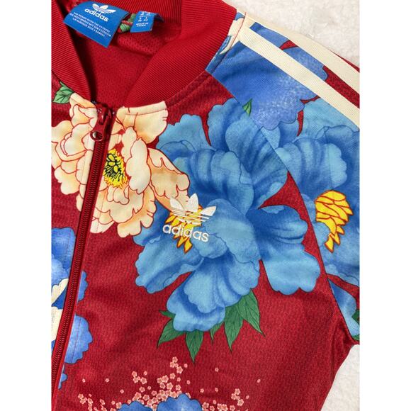 Adidas Logo Preppy Farm Rio Retro Floral Track Jacket Zip Up Chita Red S - Picture 3 of 5